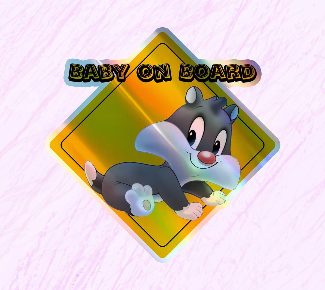 Baby on Board Car Window Sticker -Looney Tunes "Sylvester"-Waterproof & Holographic - Eye-catching Yellow Diamond Shape