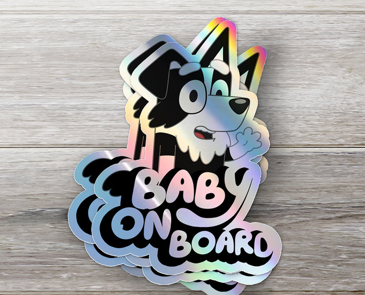 Cute Border Collie "MACKENZIE" Baby On Board Car Holographic Sticker | Adorable Puppy Safety Sign Decal