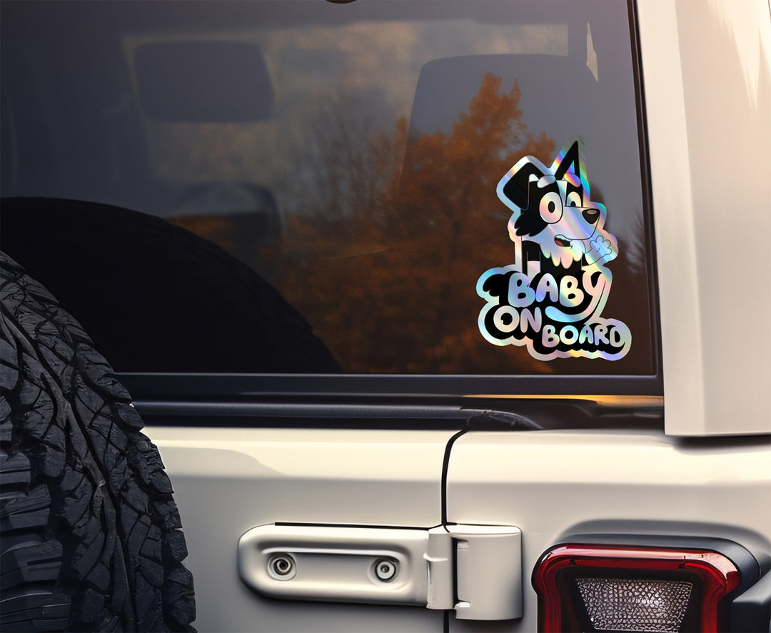 Cute Border Collie "MACKENZIE" Baby On Board Car Holographic Sticker | Adorable Puppy Safety Sign Decal