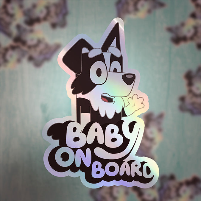 Cute Border Collie "MACKENZIE" Baby On Board Car Holographic Sticker | Adorable Puppy Safety Sign Decal