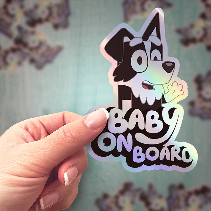 Cute Border Collie "MACKENZIE" Baby On Board Car Holographic Sticker | Adorable Puppy Safety Sign Decal