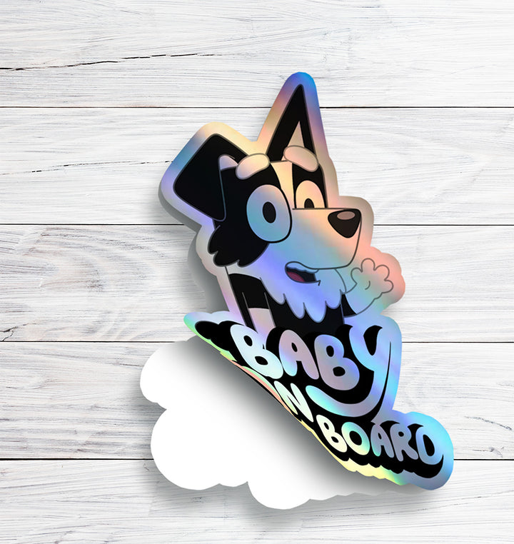 Cute Border Collie "MACKENZIE" Baby On Board Car Holographic Sticker | Adorable Puppy Safety Sign Decal