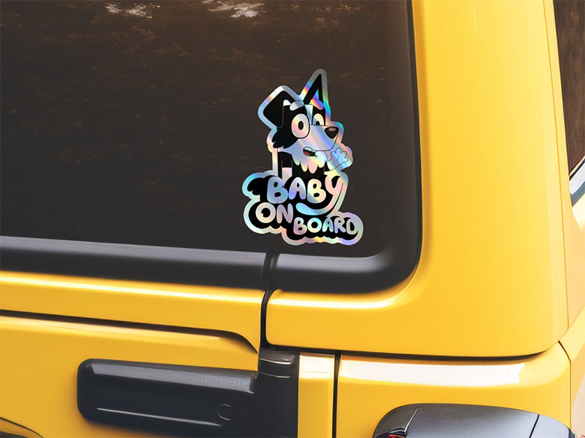 Cute Border Collie "MACKENZIE" Baby On Board Car Holographic Sticker | Adorable Puppy Safety Sign Decal