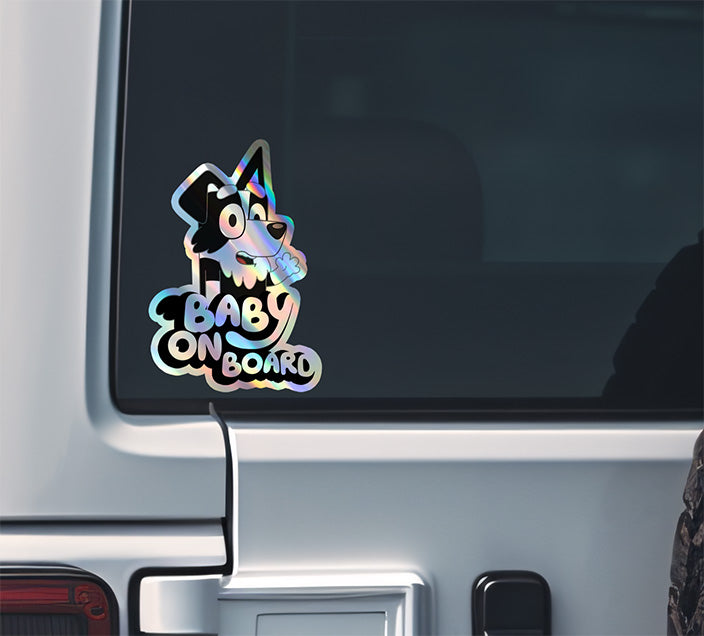 Cute Border Collie "MACKENZIE" Baby On Board Car Holographic Sticker | Adorable Puppy Safety Sign Decal