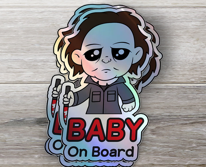 Holographic Baby On Board Michael Myers Sticker | Creepy Cute Horror Movie Inspired | Halloween Baby Safety Sticker | Funny Car Decor