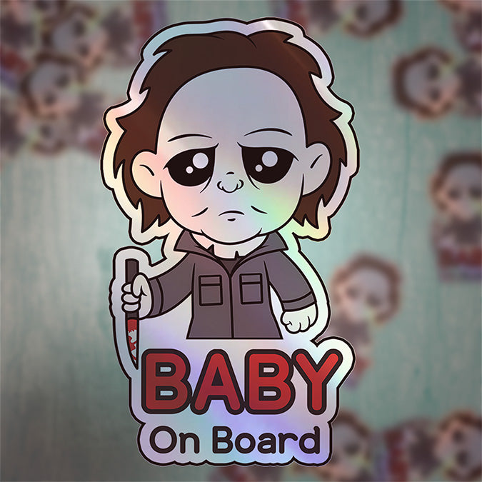 Holographic Baby On Board Michael Myers Sticker | Creepy Cute Horror Movie Inspired | Halloween Baby Safety Sticker | Funny Car Decor