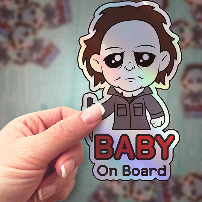 Holographic Baby On Board Michael Myers Sticker | Creepy Cute Horror Movie Inspired | Halloween Baby Safety Sticker | Funny Car Decor