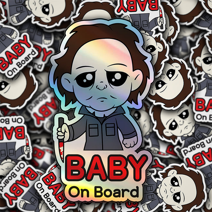 Holographic Baby On Board Michael Myers Sticker | Creepy Cute Horror Movie Inspired | Halloween Baby Safety Sticker | Funny Car Decor