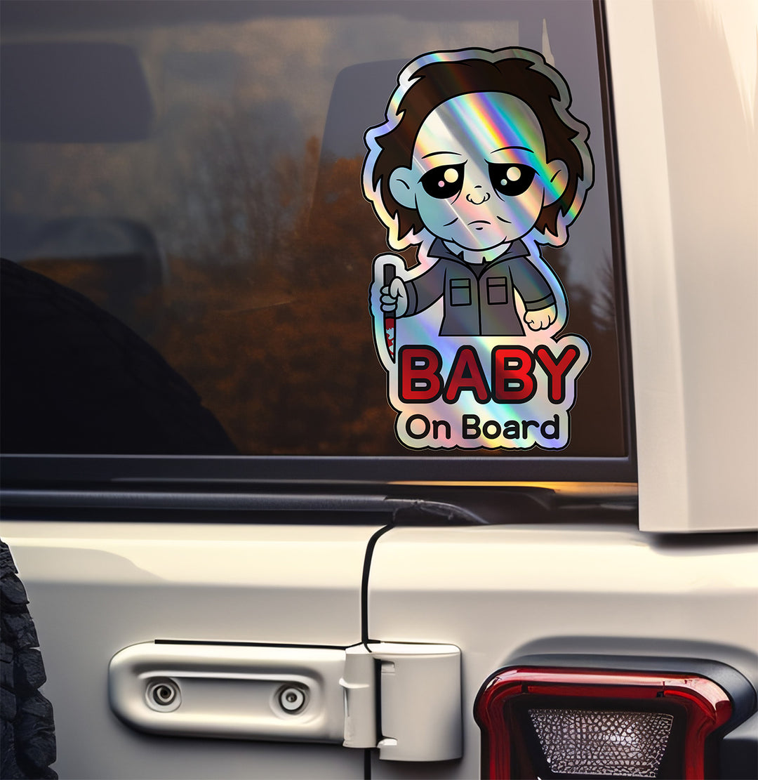 Holographic Baby On Board Michael Myers Sticker | Creepy Cute Horror Movie Inspired | Halloween Baby Safety Sticker | Funny Car Decor