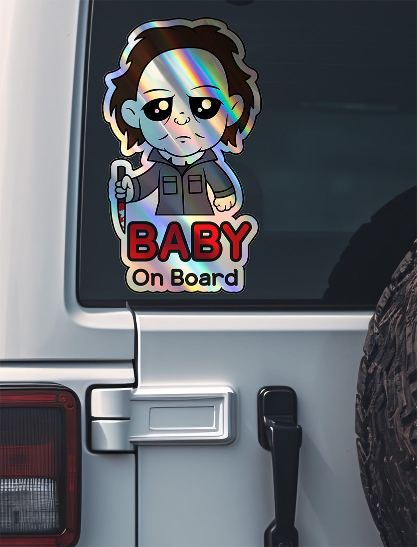 Holographic Baby On Board Michael Myers Sticker | Creepy Cute Horror Movie Inspired | Halloween Baby Safety Sticker | Funny Car Decor