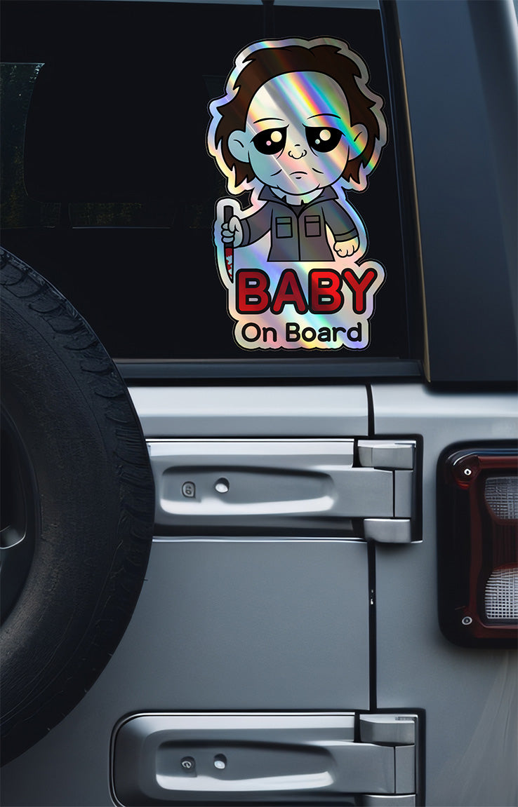 Holographic Baby On Board Michael Myers Sticker | Creepy Cute Horror Movie Inspired | Halloween Baby Safety Sticker | Funny Car Decor