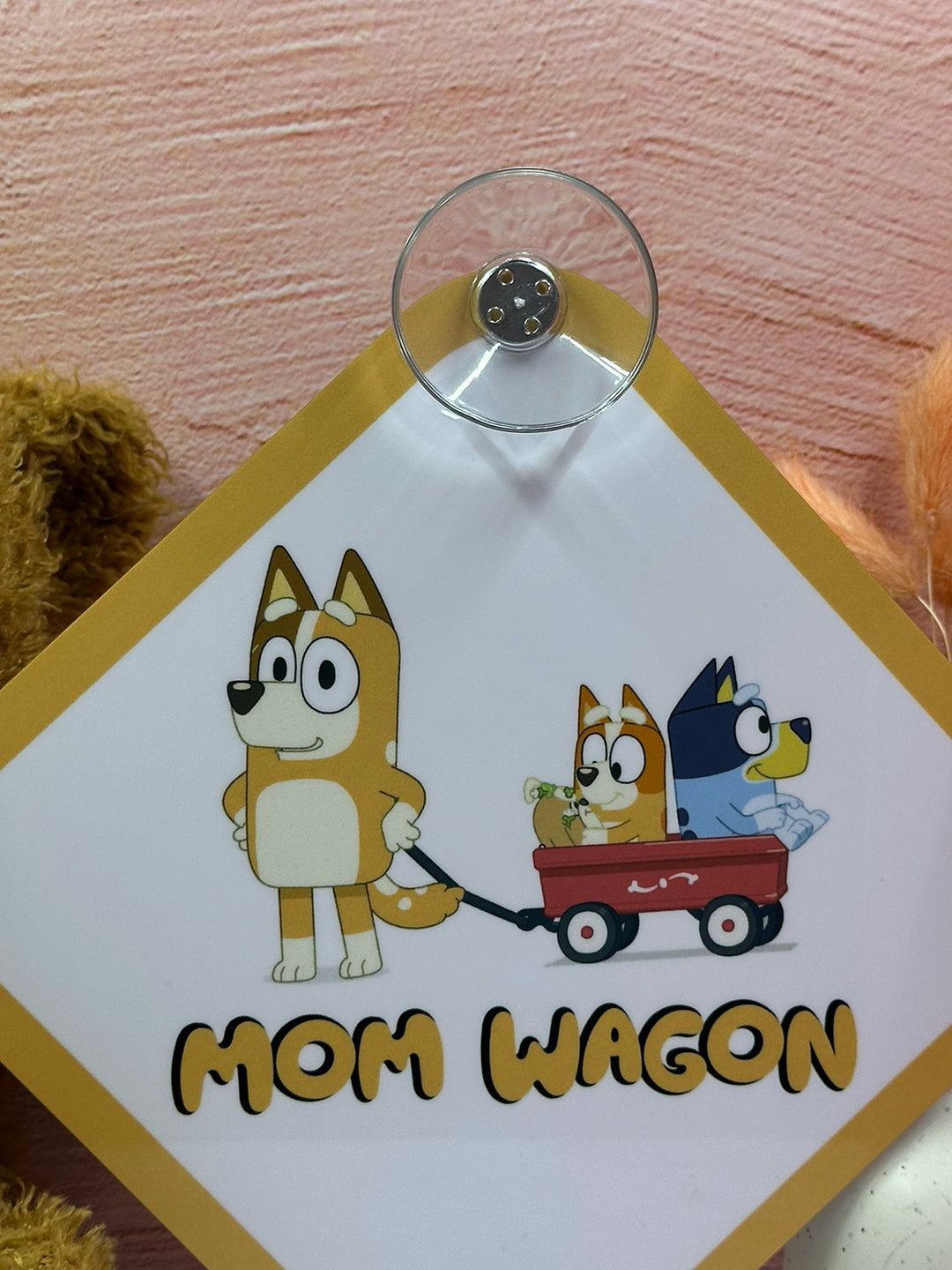 Bluey and Bingo Mom Wagon Sign - Cute Aluminum Car Safety Warning Sign with Suction Cups - Durable Yellow and White Child Safety Alert