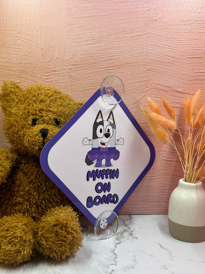 Bluey Muffin On Board Sign - Cute Aluminum Car Safety Warning Sign with Suction Cups - Durable Purple and White Child Safety Alert