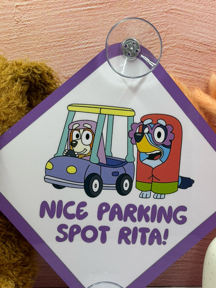 Nice Parking Spot Rita! Sign - Funny Bluey Aluminum Car Safety Warning Sign with Suction Cups - Durable Purple and White Child Safety Alert