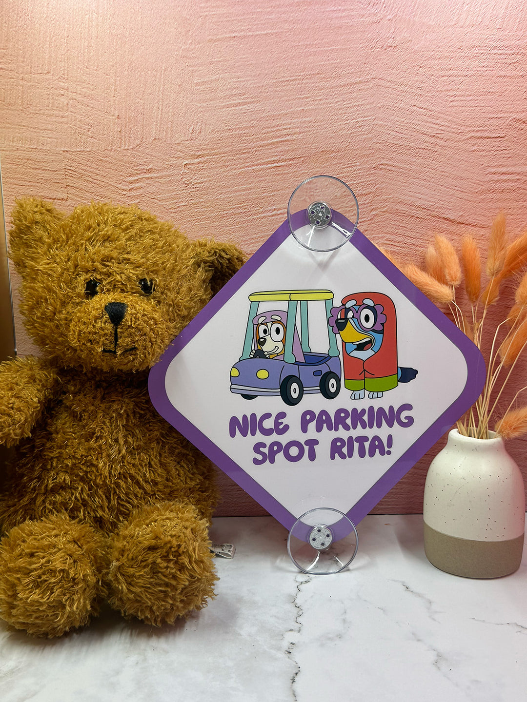 Nice Parking Spot Rita! Sign - Funny Bluey Aluminum Car Safety Warning Sign with Suction Cups - Durable Purple and White Child Safety Alert