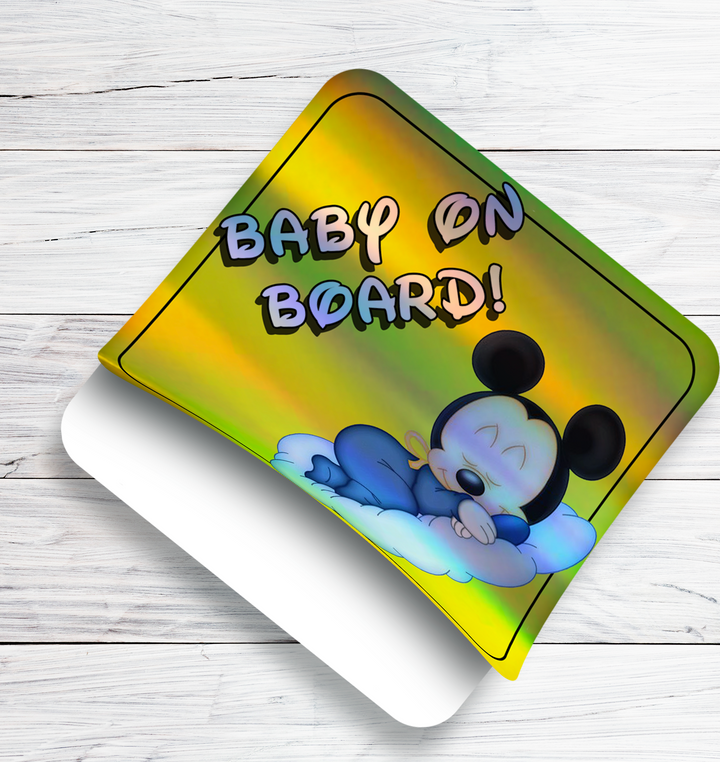 Baby Mickey Sleeping on Cloud - Baby on Board Car Window Sticker - Waterproof & Holographic - Eye-catching Yellow Diamond Shape Baby on Board - Rozovy