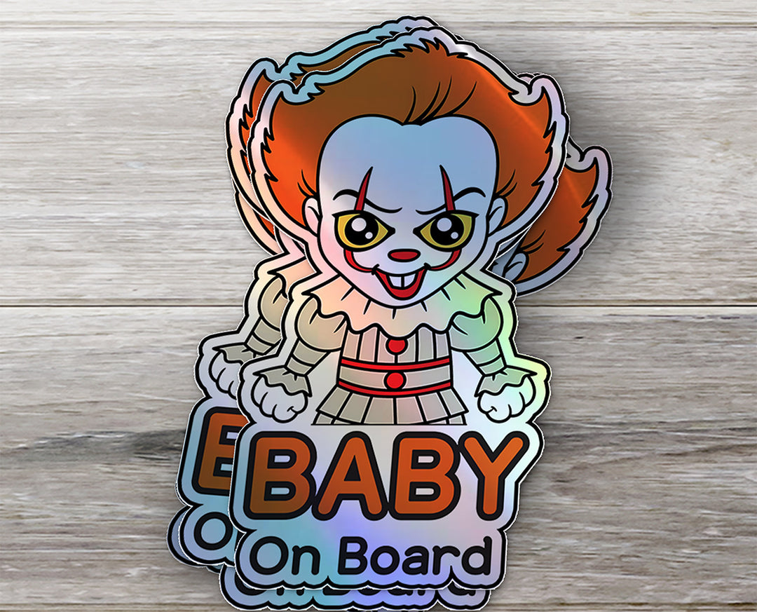 Holographic Baby On Board Pennywise Sticker | Creepy Cute IT Clown Car Decal | Halloween Horror Baby Safety Sticker | Funny Car Decor