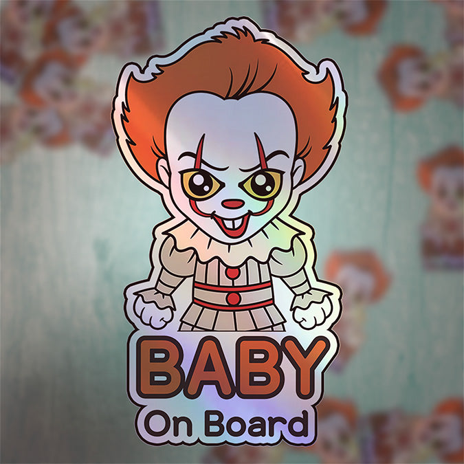 Holographic Baby On Board Pennywise Sticker | Creepy Cute IT Clown Car Decal | Halloween Horror Baby Safety Sticker | Funny Car Decor