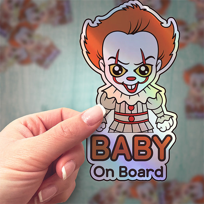 Holographic Baby On Board Pennywise Sticker | Creepy Cute IT Clown Car Decal | Halloween Horror Baby Safety Sticker | Funny Car Decor