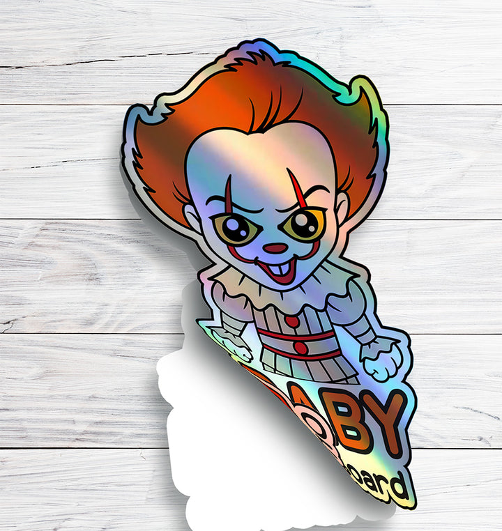 Holographic Baby On Board Pennywise Sticker | Creepy Cute IT Clown Car Decal | Halloween Horror Baby Safety Sticker | Funny Car Decor