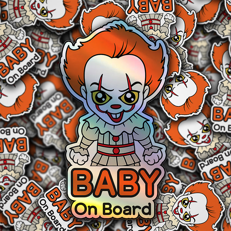 Holographic Baby On Board Pennywise Sticker | Creepy Cute IT Clown Car Decal | Halloween Horror Baby Safety Sticker | Funny Car Decor