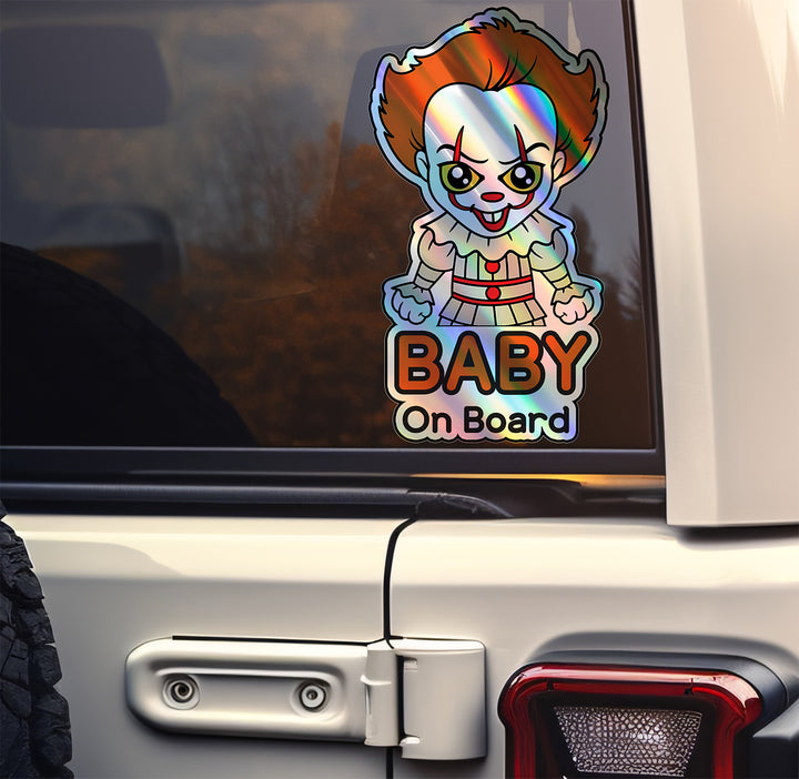 Holographic Baby On Board Pennywise Sticker | Creepy Cute IT Clown Car Decal | Halloween Horror Baby Safety Sticker | Funny Car Decor