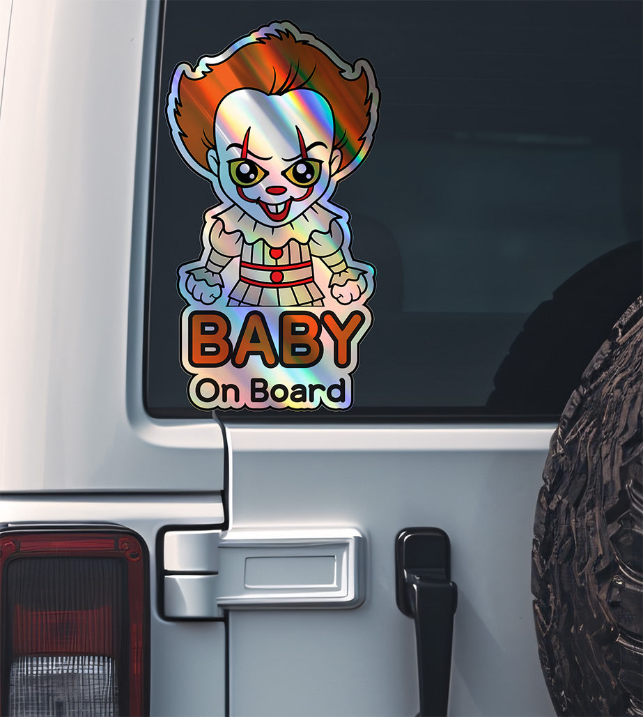 Holographic Baby On Board Pennywise Sticker | Creepy Cute IT Clown Car Decal | Halloween Horror Baby Safety Sticker | Funny Car Decor