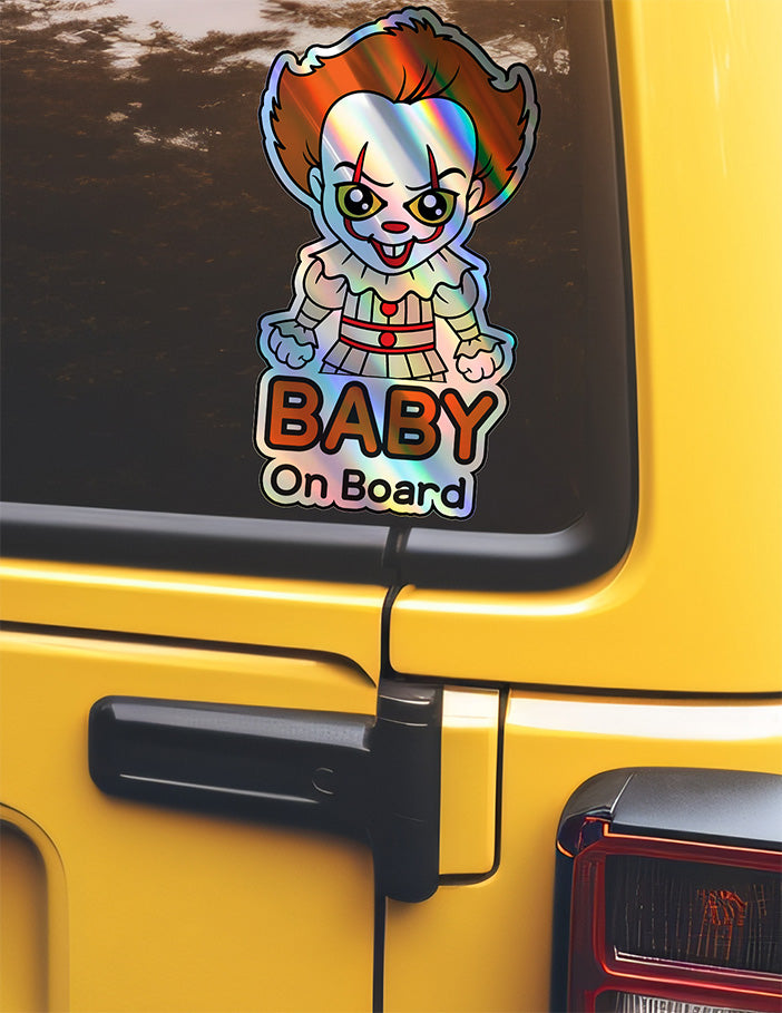 Holographic Baby On Board Pennywise Sticker | Creepy Cute IT Clown Car Decal | Halloween Horror Baby Safety Sticker | Funny Car Decor