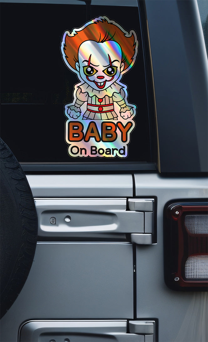 Holographic Baby On Board Pennywise Sticker | Creepy Cute IT Clown Car Decal | Halloween Horror Baby Safety Sticker | Funny Car Decor