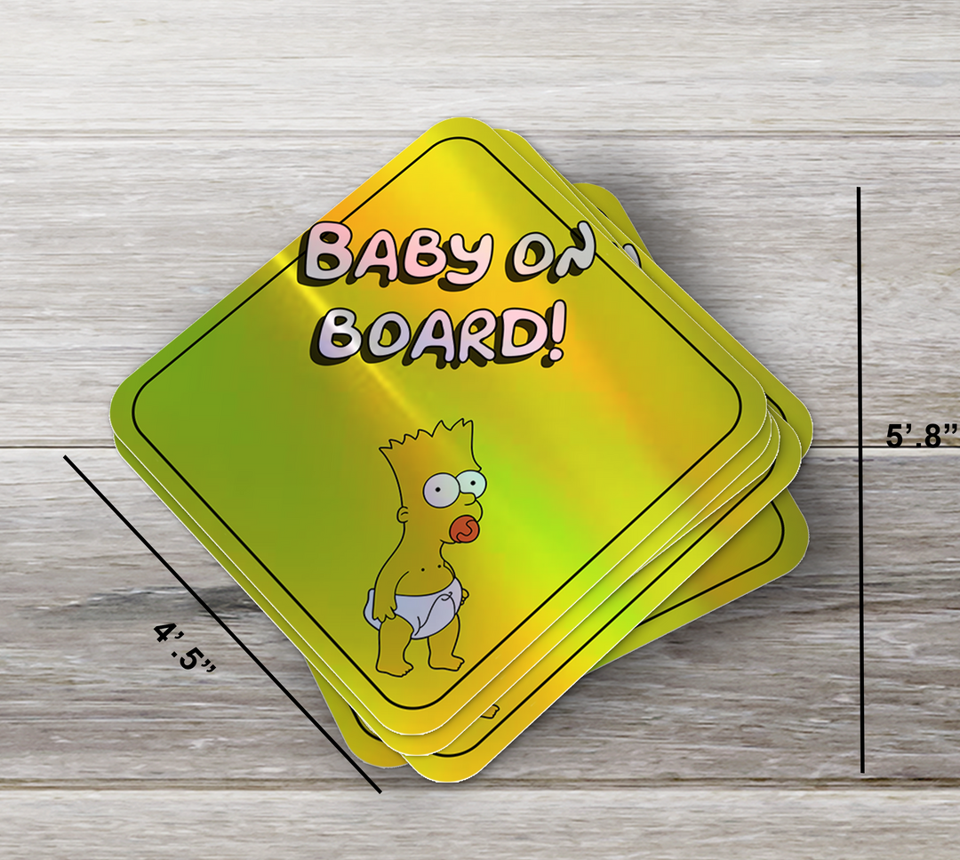 Baby Bart on Board Holographic Waterproof Window Sticker - Yellow Background Baby on Board - Rozovy