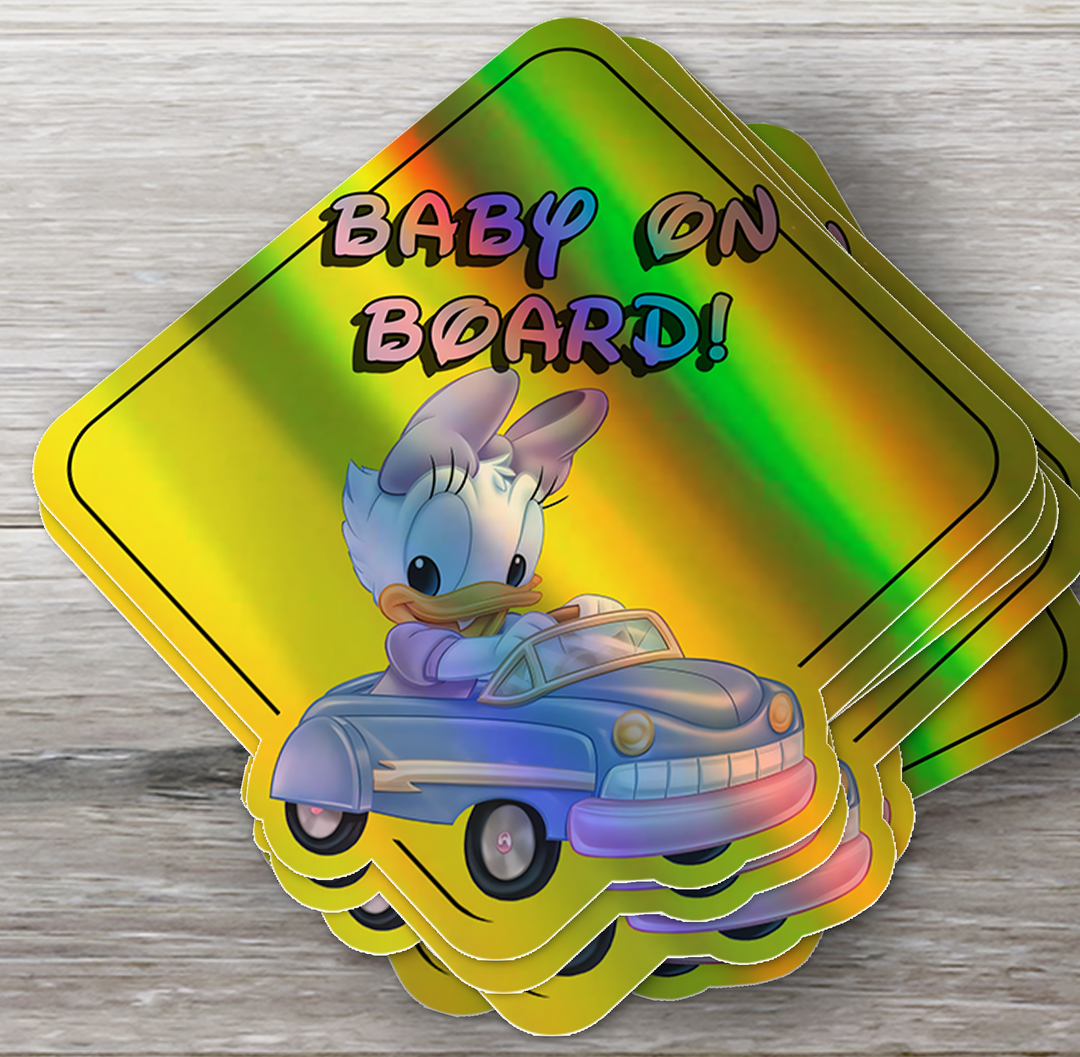 Daisy Duck on Board - Car Window Sticker - Waterproof & Holographic - Yellow Diamond Shape Baby on Board - Rozovy