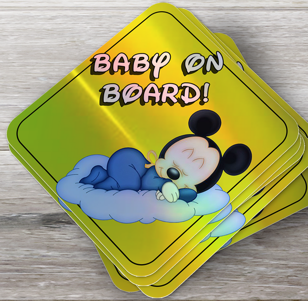 Baby Mickey Sleeping on Cloud - Baby on Board Car Window Sticker - Waterproof & Holographic - Eye-catching Yellow Diamond Shape Baby on Board - Rozovy