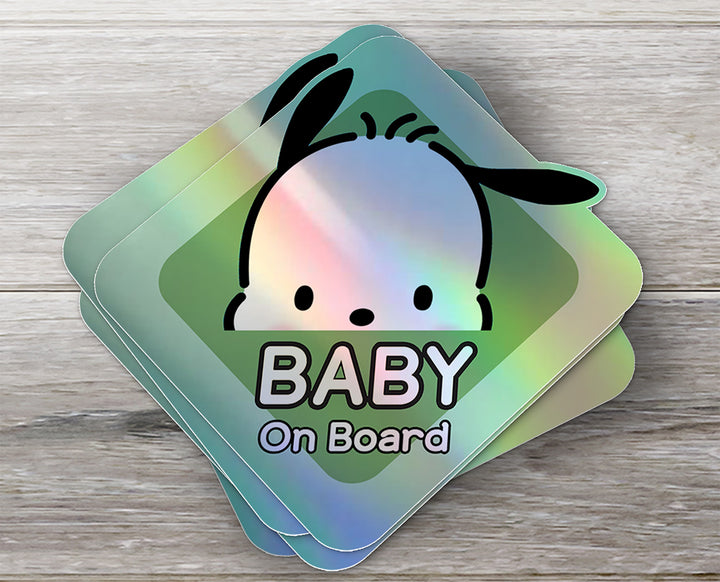 Baby on Board Sticker - Holographic - Car Window Decal - Baby Safety Sign - Sanrio Pochacco Inspired Sticker - Cute Kids Car Accessories