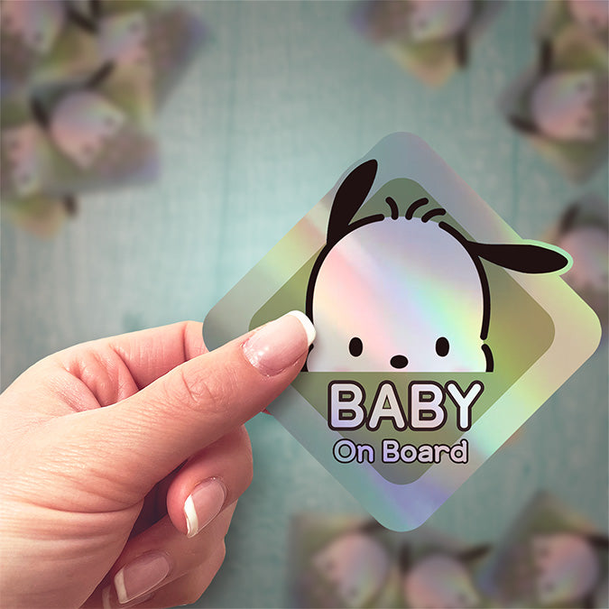 Baby on Board Sticker - Holographic - Car Window Decal - Baby Safety Sign - Sanrio Pochacco Inspired Sticker - Cute Kids Car Accessories