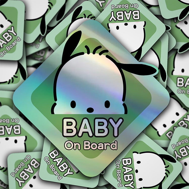 Baby on Board Sticker - Holographic - Car Window Decal - Baby Safety Sign - Sanrio Pochacco Inspired Sticker - Cute Kids Car Accessories