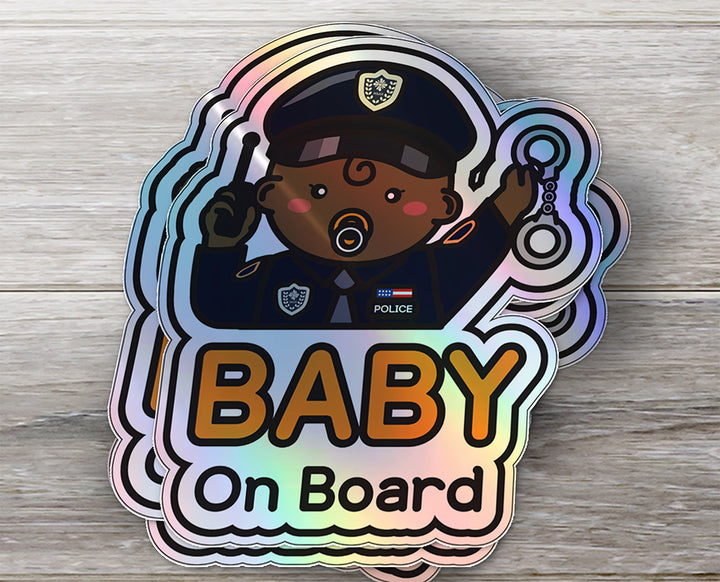 Baby on Board Car Sticker - Baby Boy Police Character Design  - Holographic & Weather-Resistant (Copy)