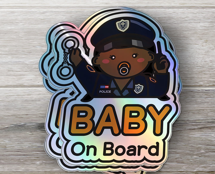 Baby on Board Car Sticker - Baby Girl Police Character Design  - Holographic & Weather-Resistant