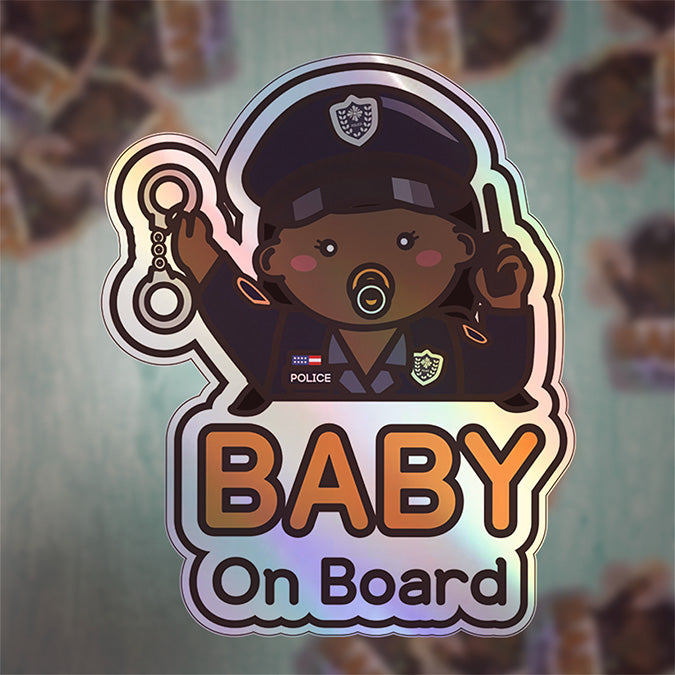 Baby on Board Car Sticker - Baby Girl Police Character Design  - Holographic & Weather-Resistant