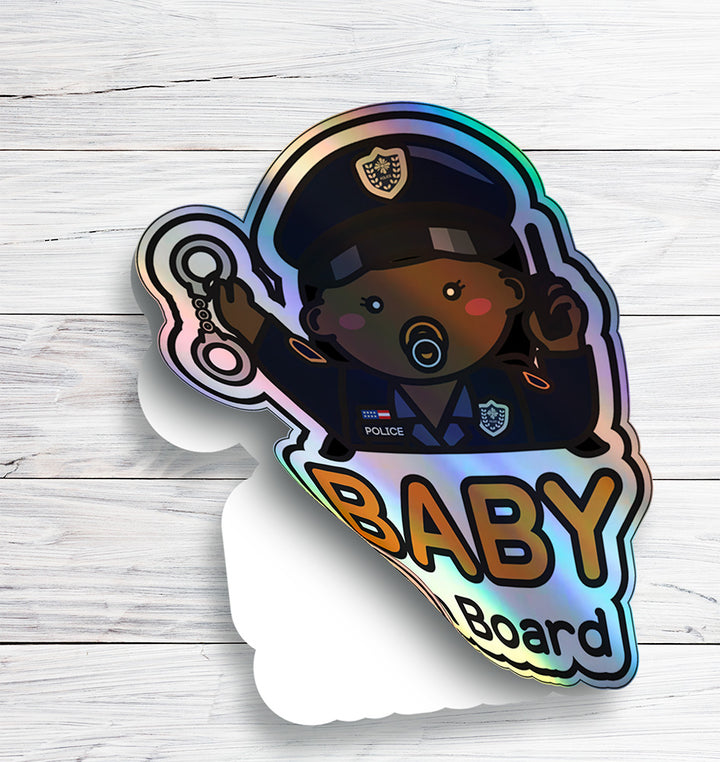 Baby on Board Car Sticker - Baby Girl Police Character Design  - Holographic & Weather-Resistant