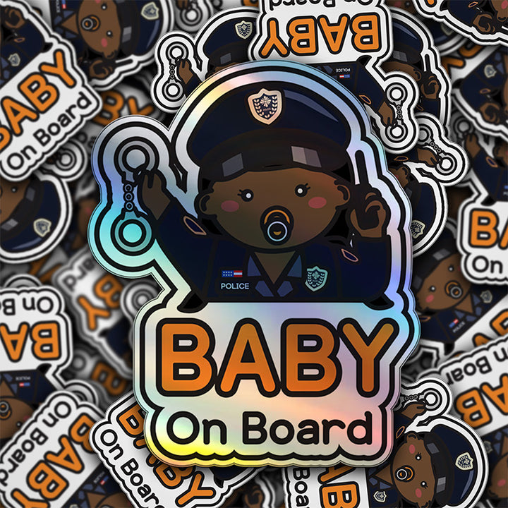 Baby on Board Car Sticker - Baby Girl Police Character Design  - Holographic & Weather-Resistant