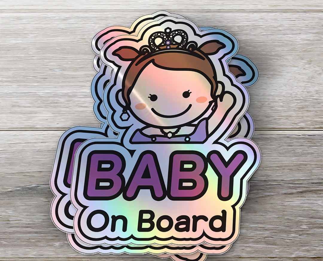 Baby on Board Car Sticker - Baby Princess Character Design  - Holographic & Weather-Resistant