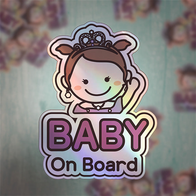 Baby on Board Car Sticker - Baby Princess Character Design  - Holographic & Weather-Resistant