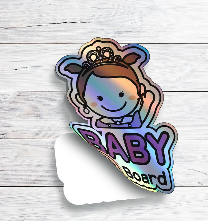 Baby on Board Car Sticker - Baby Princess Character Design  - Holographic & Weather-Resistant