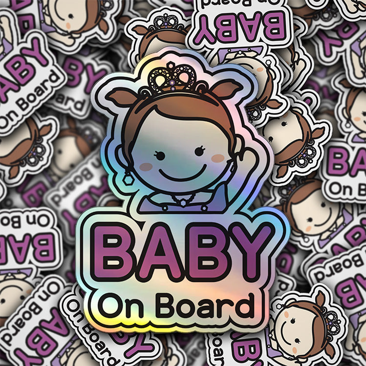 Baby on Board Car Sticker - Baby Princess Character Design  - Holographic & Weather-Resistant