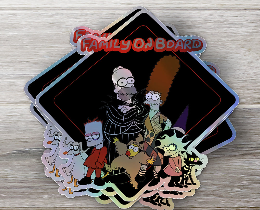 Simpsons Family on Board - Car Window Sticker - Waterproof & Holographic - Black Diamond Shape