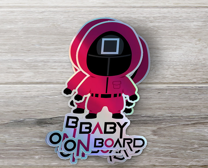 Squid Game Inspired Baby On Board Sticker - Square Guard Holographic Design - Cute Pink Character Car Decal for Baby Safety - Unique Newborn Gift Idea