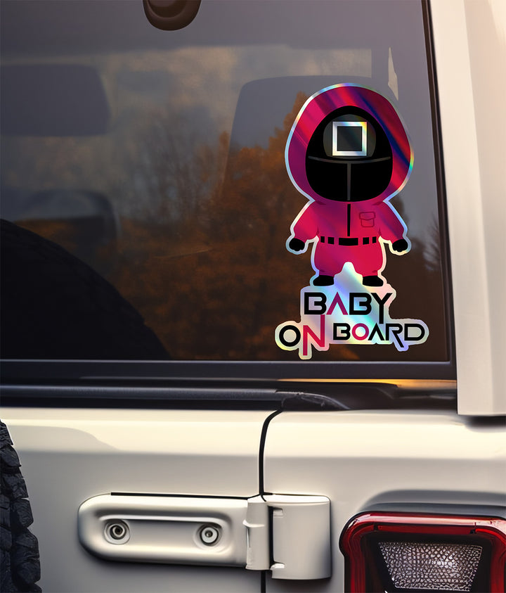 Squid Game Inspired Baby On Board Sticker - Square Guard Holographic Design - Cute Pink Character Car Decal for Baby Safety - Unique Newborn Gift Idea