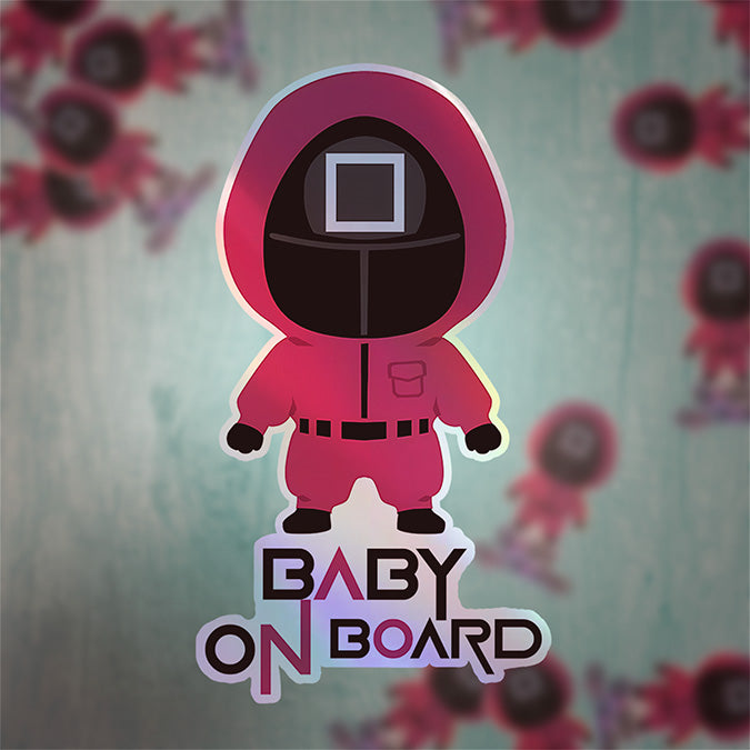 Squid Game Inspired Baby On Board Sticker - Square Guard Holographic Design - Cute Pink Character Car Decal for Baby Safety - Unique Newborn Gift Idea