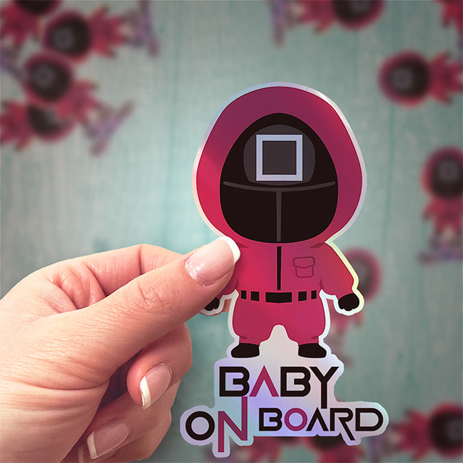 Squid Game Inspired Baby On Board Sticker - Square Guard Holographic Design - Cute Pink Character Car Decal for Baby Safety - Unique Newborn Gift Idea