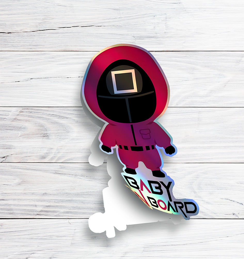 Squid Game Inspired Baby On Board Sticker - Square Guard Holographic Design - Cute Pink Character Car Decal for Baby Safety - Unique Newborn Gift Idea